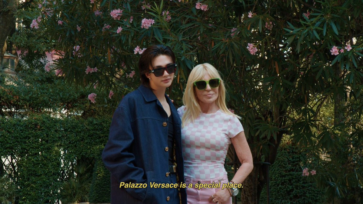 Donatella Versace welcomed Global Brand Ambassador, Hyunjin, to Palazzo Versace in Milan for a fitting of custom Versace outfits designed for the Stray Kids World Tour #hyunjin #StrayKids #Versace