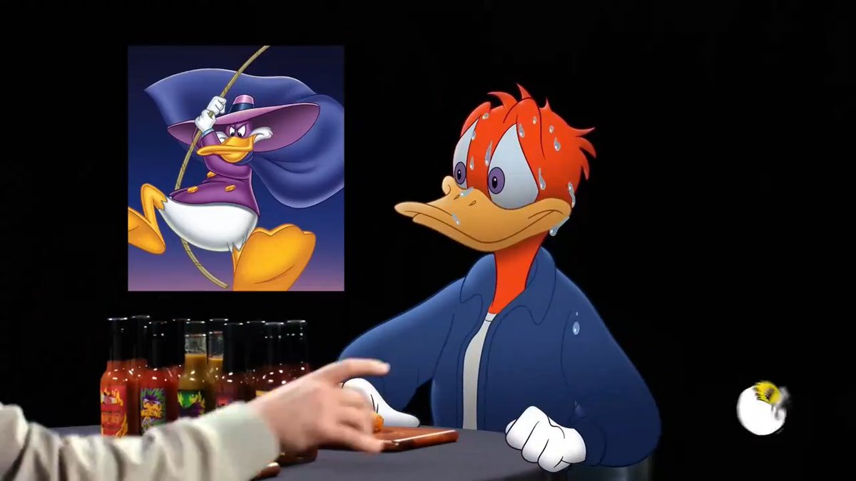 Donald Duck on Hot Ones “So Huey, Louie and Dewey, your nephews, we hear you’re cutting them out of your will. Care to comment?”