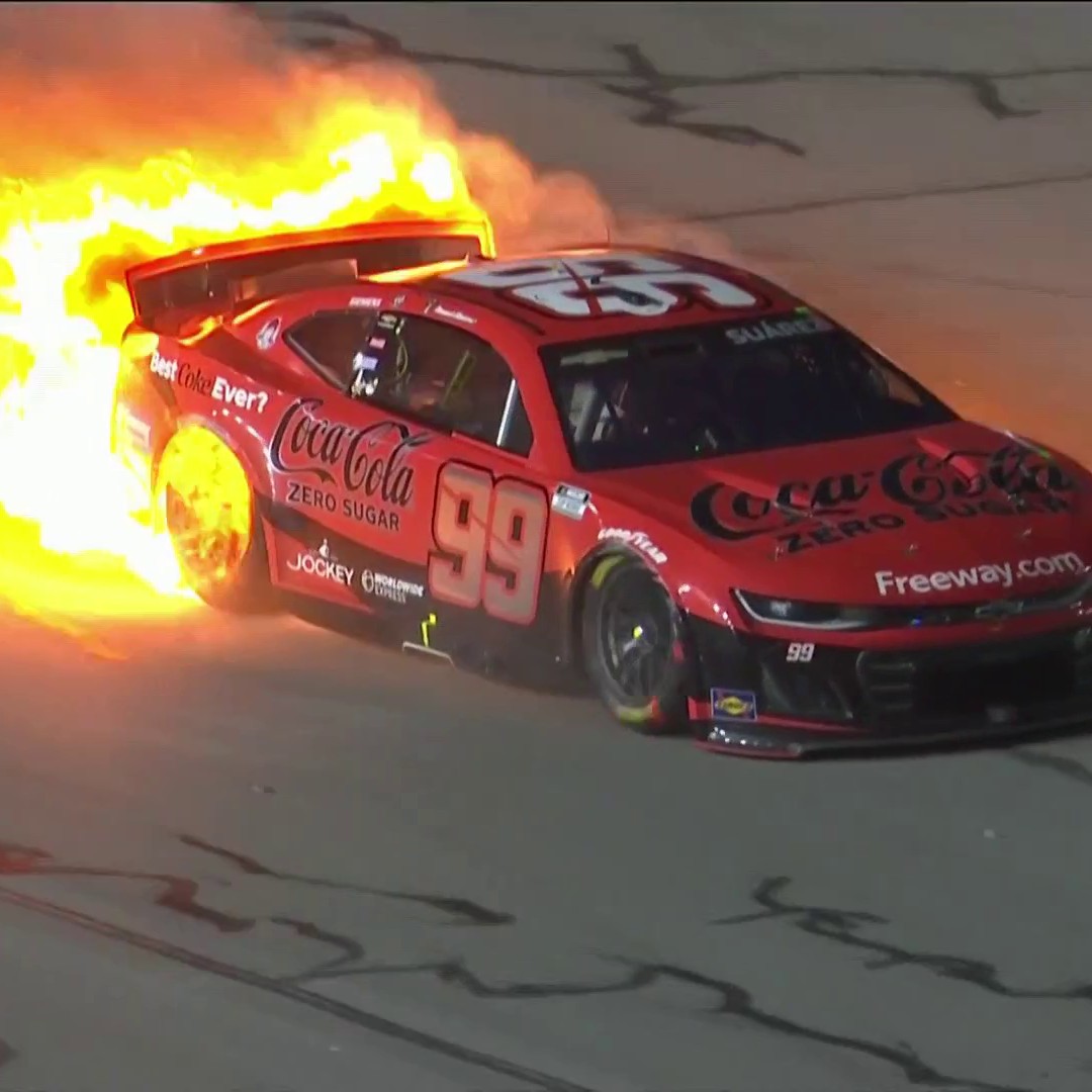 Daniel Suarez's car caught fire entering pit road. 🔥 #NASCAR | NBC and Peacock