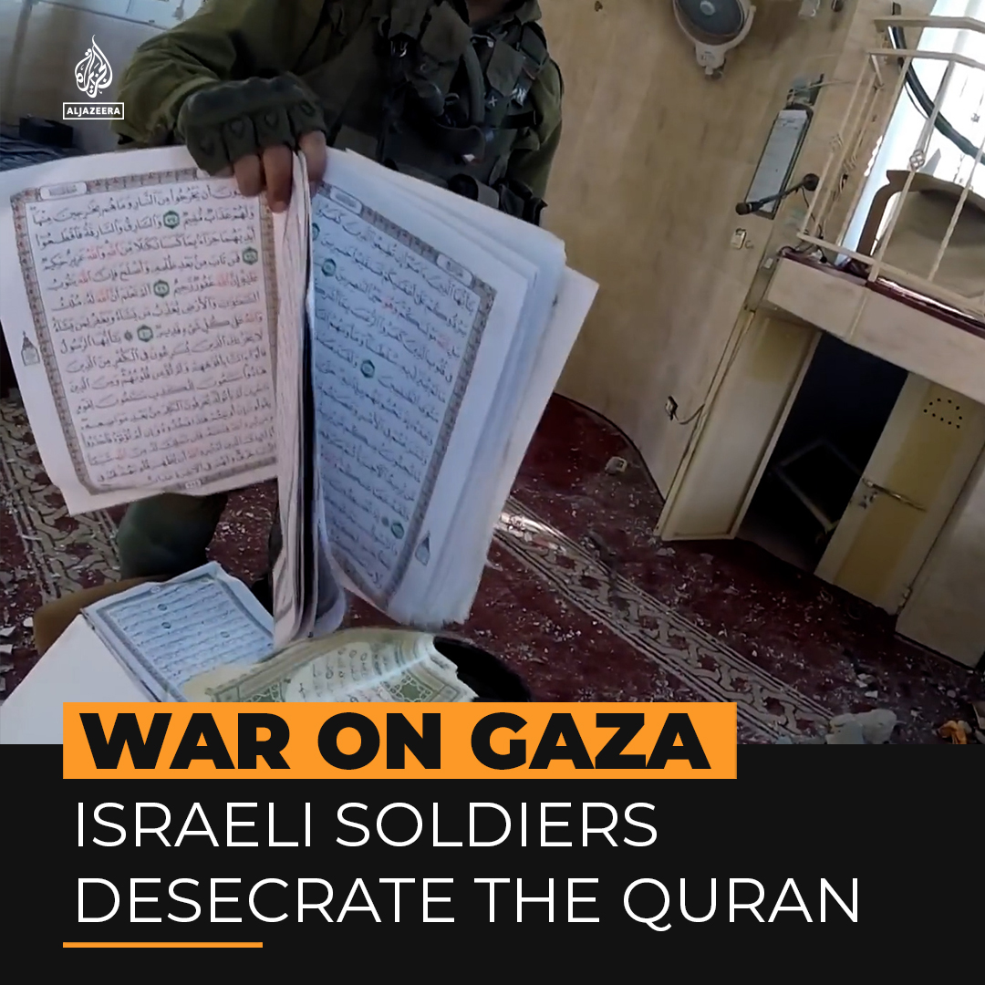 Al Jazeera has obtained videos of Israeli soldiers burning and tearing pages out of the Quran in northern Gaza’s Bani Saleh Mosque, as well as drone footage of the Grand Mosque in Khan Younis being bombed and destroyed.