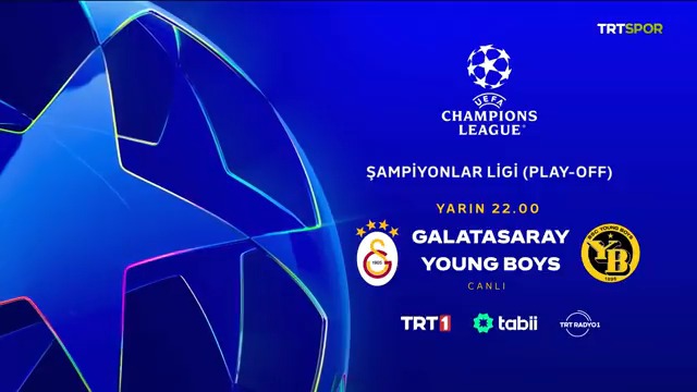 🤩 Şampiyonlar Ligi play-off heyecanı TRT'de yaşanıyor. 🟡🔴 Temsilcimiz Galatasaray, rövanş maçında Young Boys'u konuk ediyor. 🇹🇷 Galatasaray 🆚 Young Boys🇨🇭 📅 Yarın 🕙 22.00 📺💻📻 TRT 1 tabii TRT Radyo 1