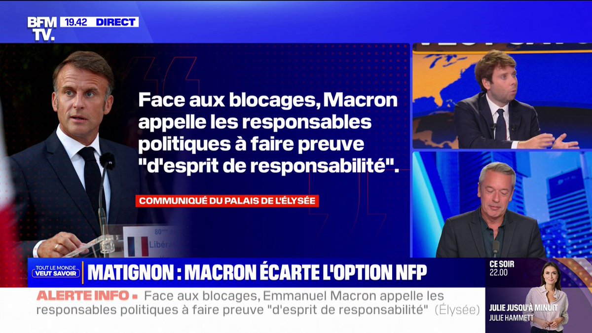 Emmanuel Macron écarte l'option d'un gouvernement du NFP au nom de "la stabilité institutionnelle"