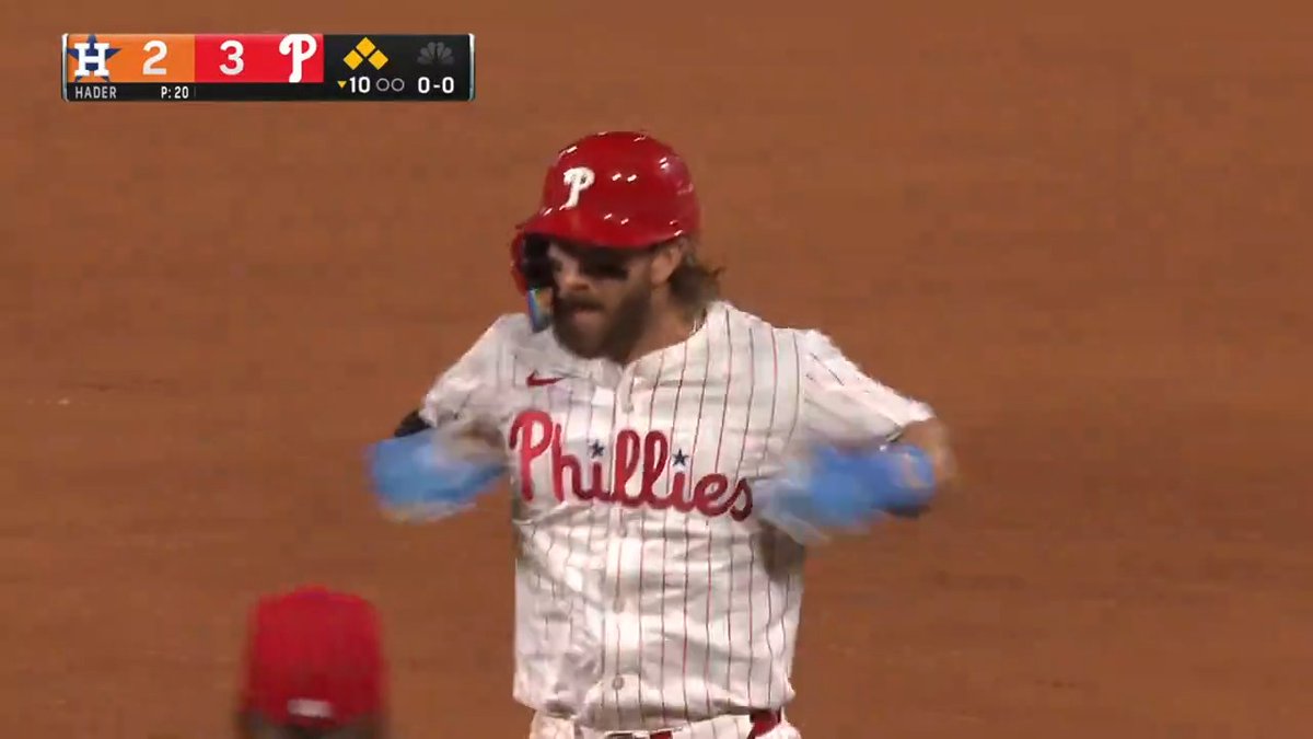 Joel Embiid was loving Bryce Harper’s walk-off base hit for the Phillies W 🔥🤳 (via Philadelphia Phillies)