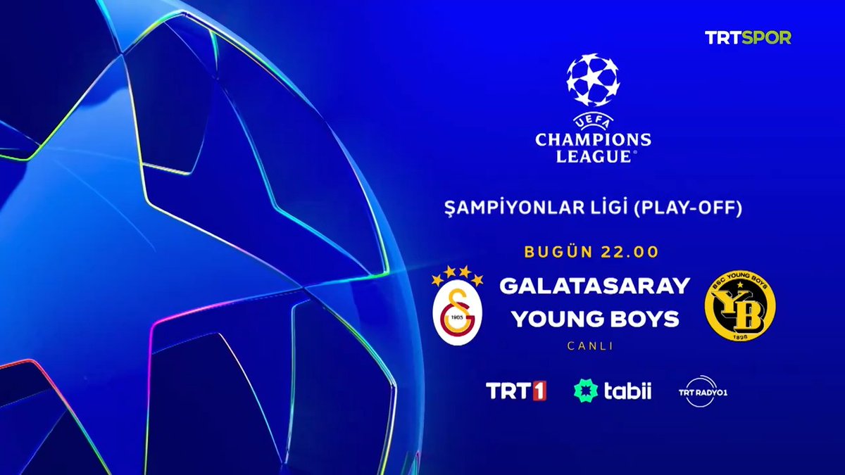 🤩 Şampiyonlar Ligi play-off heyecanı TRT'de yaşanıyor. 🟡🔴 Temsilcimiz Galatasaray, rövanş maçında Young Boys'u konuk ediyor. 🇹🇷 Galatasaray - Young Boys🇨🇭 📅 Bugün 🕙 22.00 📺💻📻 TRT 1 | tabii | TRT Radyo 1