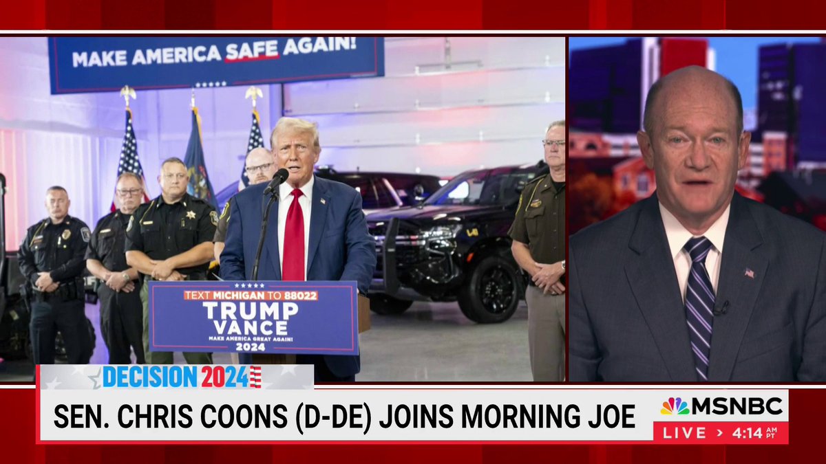 .Senator Chris Coons: "My advice to the American people is to take seriously the fact that Donald Trump's former Secretary of Defense, National Security Advisor, Chief of Staff, and VP have all, in different settings, said that he belongs nowhere near the White House again."