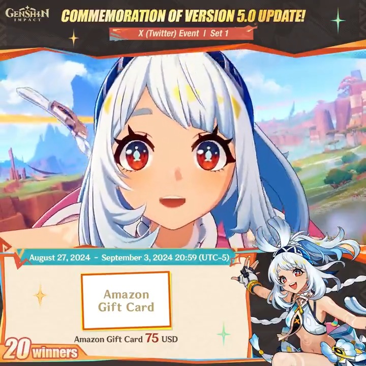 ✨Set 1✨ Commemoration of Version 5.0 Update 🎁Participate in the event for a chance to win a $75 Amazon gift card. How to Participate: ① Follow Genshin Impact ② Retweet this post You can instantly check the event results here>>> #NatlanImpact
