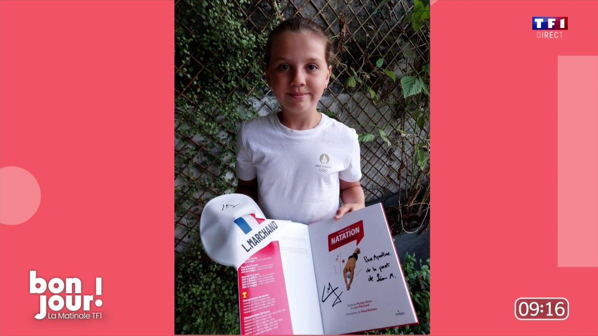 La jeune Apolline a finalement reçu son cadeau de la part du nageur Léon Marchand Paul Larrouturou ⤵️ #BonjourLaMatinaleTF1