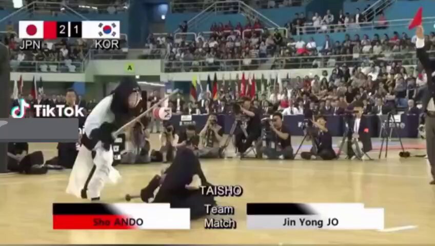 韓国人選手🇰🇷が、転倒した日本人選手🇯🇵を叩いく。卑怯だね。 切れた日本人選手🇯🇵は強烈な突きで一本勝ちする。
