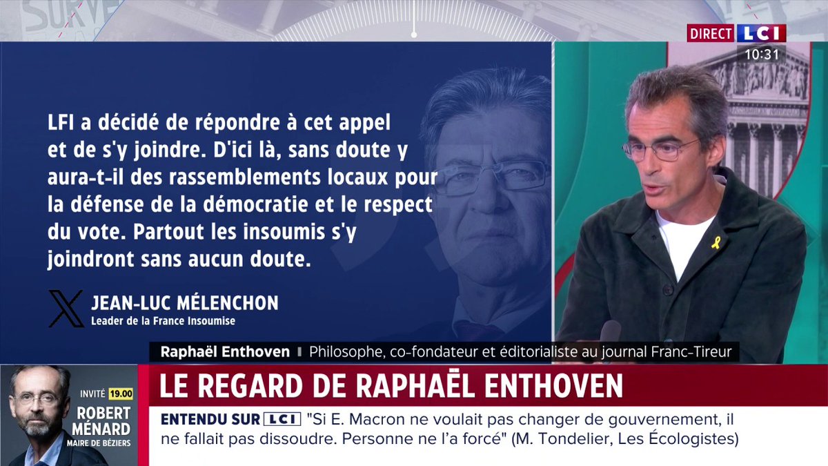 🗣️ Colère du NFP : "Cette colère est organisée et à tous égards illégitime (...) Il n'y a aucune raison que la gauche soit scandalisée de ne pas arriver au pouvoir." Raphaël Enthoven (Raphaël Enthoven), philosophe, invité de LCI ⤵️