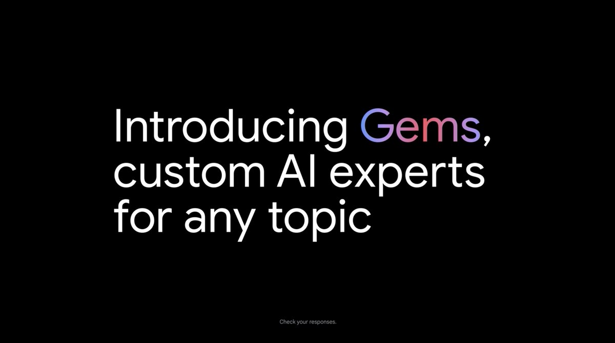 Over the coming days, start creating and chatting with Gems: customizable versions of Gemini that act as topic experts. 🤝 We’re also launching premade Gems for different scenarios - including Learning coach to break down complex topics and Coding partner to level up your skills →