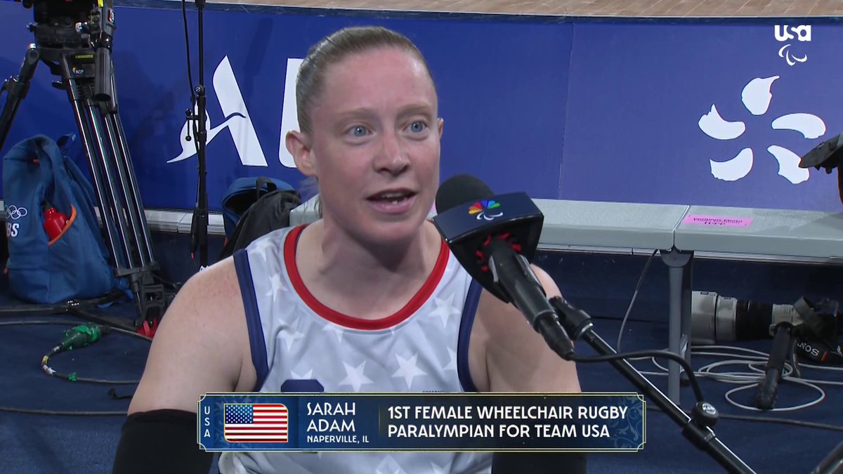 After the U.S. wheelchair rugby team's first win of the #ParisParalympics, Sarah Adam reacts to making Team USA history at the Games. 📺 USA Network &amp; Peacock
