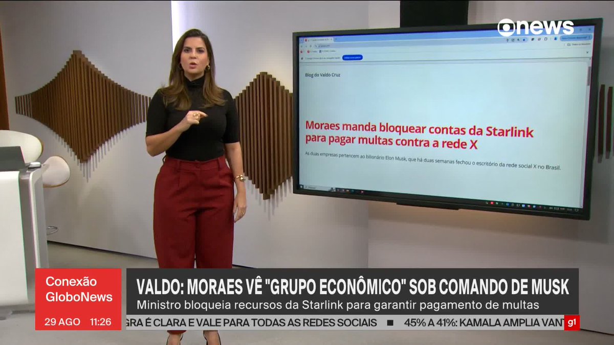 Na falta de representante da X no Brasil, STF bloqueia recursos financeiros da Starlink de Elon Musk. (Via Valdo Cruz) ➡ Assista ao #ConexãoGloboNews: #GloboNews