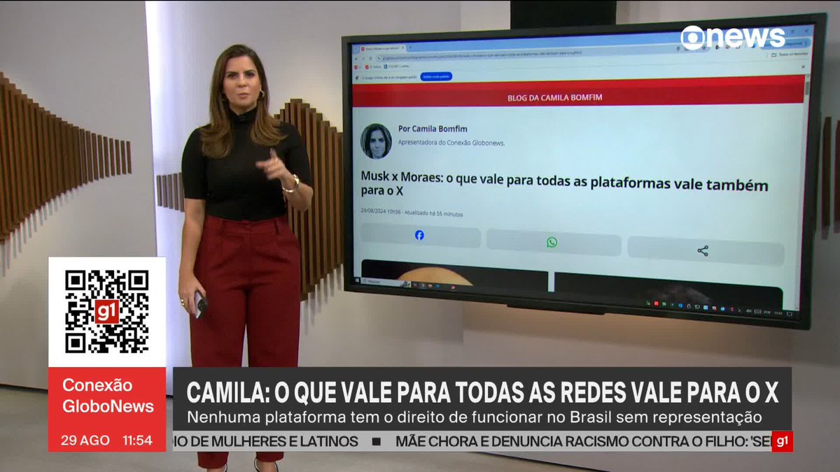 .@CamilaBomfim sobre embate entre Musk e Moraes: a regra do jogo é clara, nenhuma empresa ou plataforma tem o direito de funcionar no Brasil sem representação. ➡ Assista ao #ConexãoGloboNews: #GloboNews