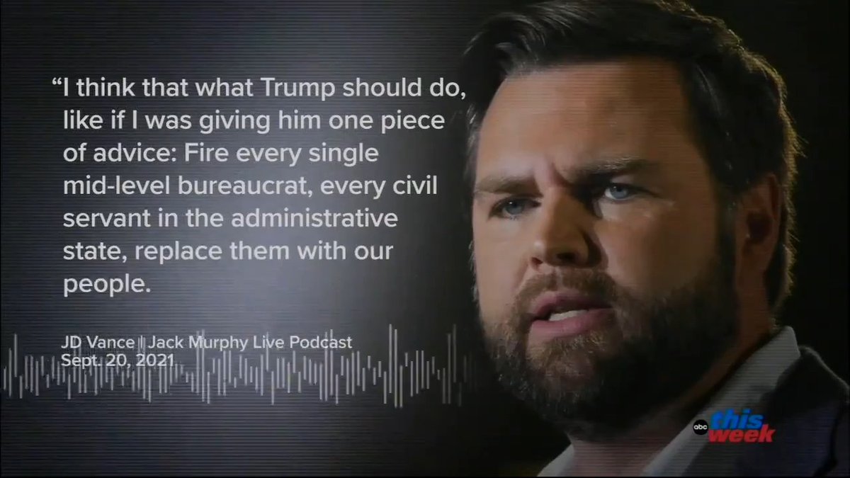 JD Vance says he supports Trump’s Project 2025 plan to take total control by purging the federal government of civil servants and replace them with millions of MAGA loyalists: “I think that what Trump should do… Fire every single civil servant… Replace them with our people”