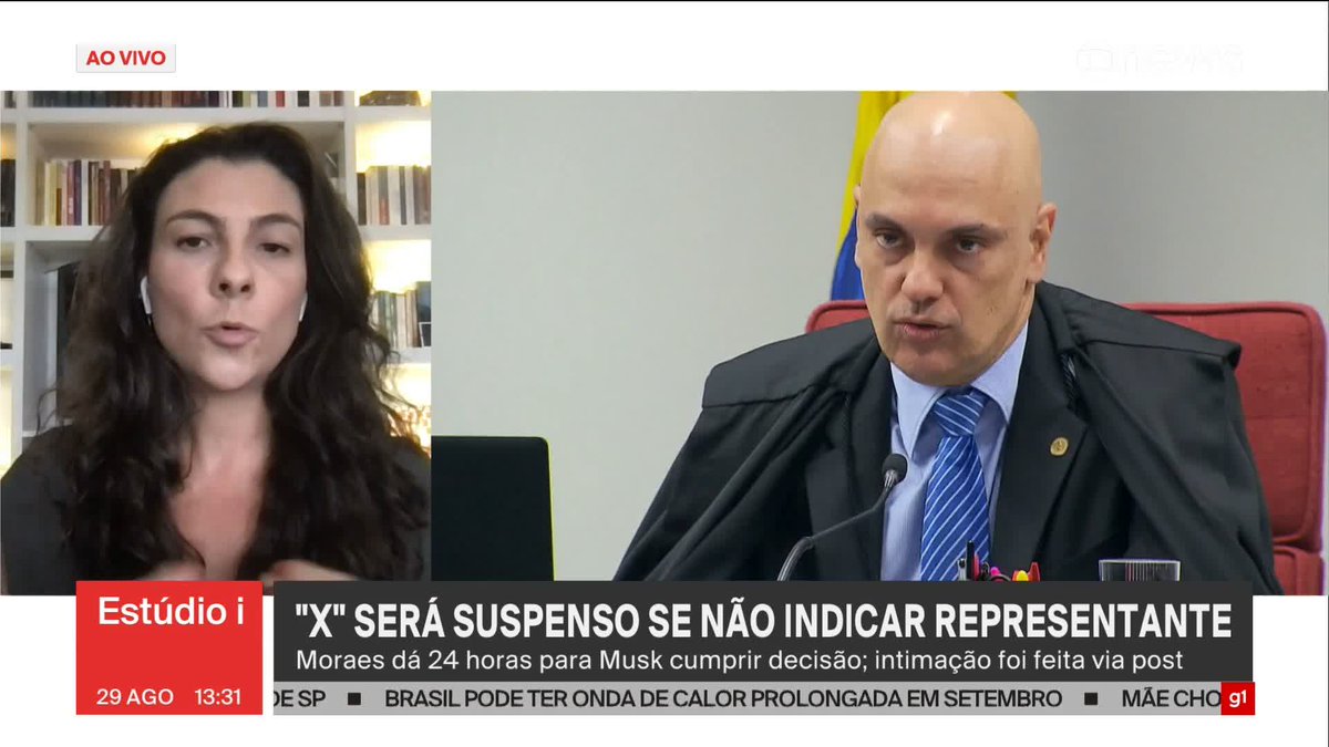 .Bela Megale, colunista do jornal Jornal O Globo, apurou que os ministros do STF estão em de acordo com a decisão de Alexandre de Moraes sobre possível suspensão do "X". ➡ Assista ao Estúdio i com Andréia Sadi: #Estúdioi #GloboNews