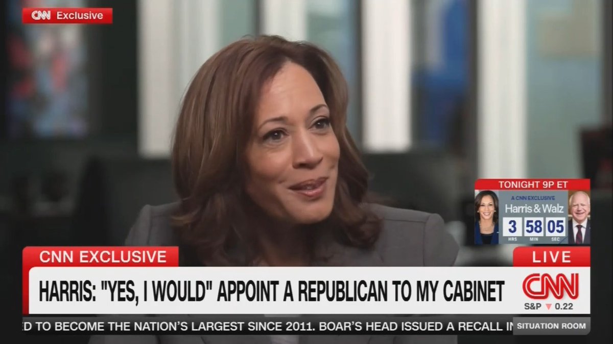 Q: Would you appoint a Republican to your Cabinet? Vice President Harris: Yes I would. I think it’s important to have different views and experiences at the table