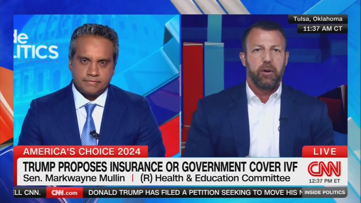 GOP Sen. Mullin: For some reason they're saying Republicans aren't for IVF, but there's never been a vote on that (The Senate voted in June on the Right to IVF Act and nearly every single Republican, including Markwayne Mullin and JD Vance, voted to block it)