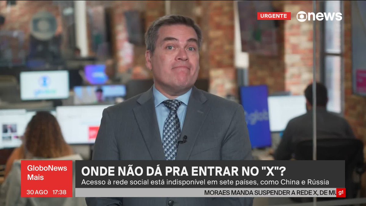 Acesso à rede social X está indisponível em sete países, como China e Rússia. ➡ Assista ao #GloboNewsMais na #GloboNews: