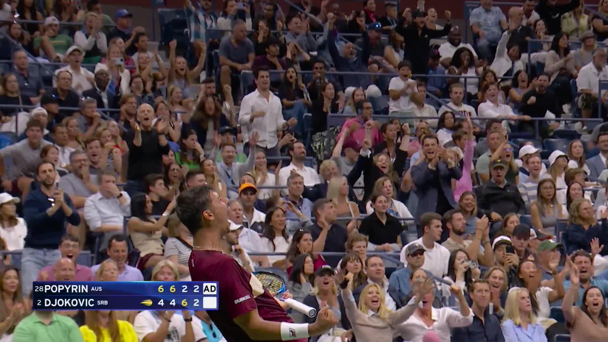 Alexei Popyrin’s reaction after breaking Novak Djokovic in the 4th set at US Open Long, steady rally. Going toe to toe with a legend from the baseline. Until he just UNLEASHES on the forehand. Huge roar. Inject this into my veins. 😤