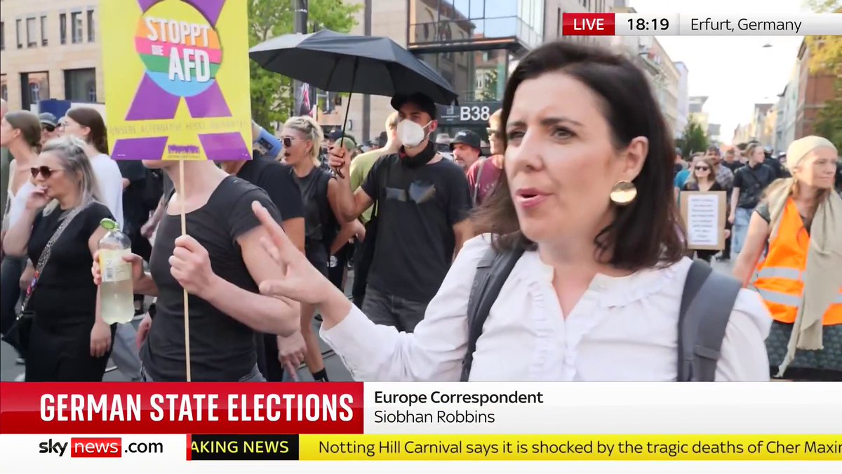 "There's real concern by people who are against the far-right that actually this is a very dangerous moment in Germany's history." Siobhán Robbins Sky reports from a protest in Erfurt, Thuringia, ahead of the state's election. Latest: 📺 Sky 501 and YouTube