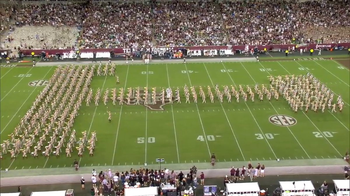 Now forming at the North End of Kyle Field for the first time this season...the nationally famous Fightin’ Texas Aggie Band! #GigEm | #BTHONotreDame