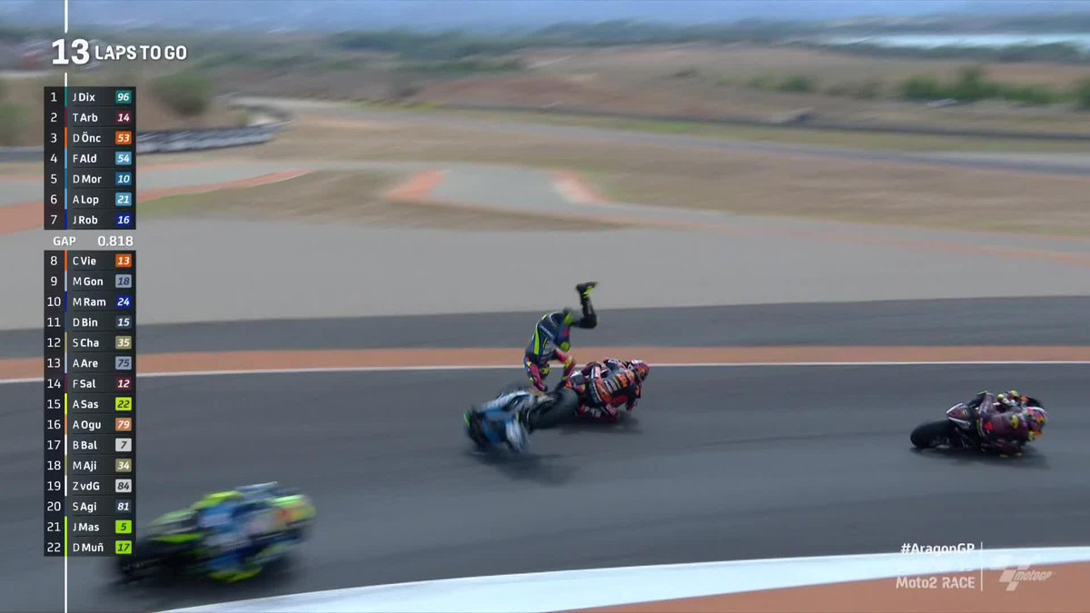 HUGE CRASH FOR Fermín Aldeguer Mengual 💥 He tried to overtake Deniz Öncü but it just didn't work and that's MASSIVE for the Championship 🤯 #AragonGP 🏁