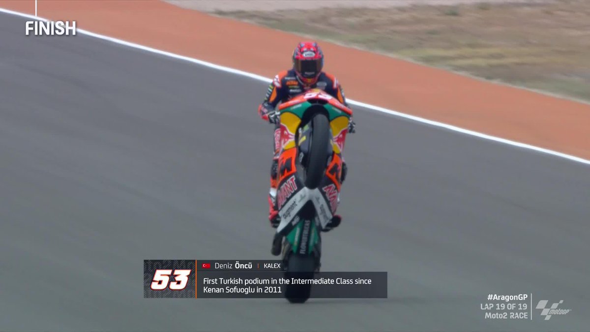 Replicating his mentor and friend Kenan Sofuoglu! ๐ Deniz รncรผ takes his first #Moto2 podium and gives Turkey their first intermediate class podium finish since 2011! ๐น๐ท #AragonGP ๐