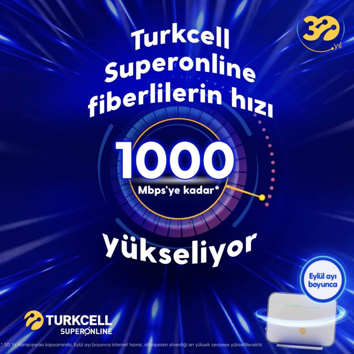 Turkcell Superonline fiberliler Eylül hiç bitmesin isteyecek! Çünkü Eylül’de, 30. yıla özel, tüm Turkcell Superonline fiberlilerin hızı 1000 Mbps’ye kadar yükseliyor! 🚀