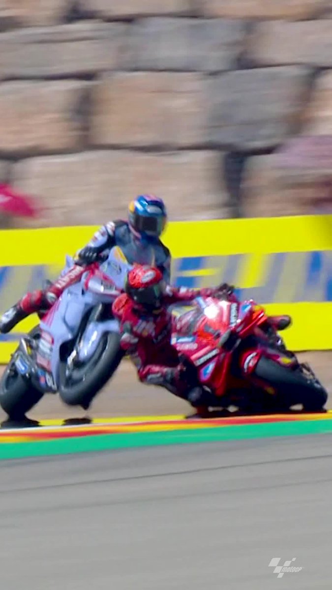 Podium battle ends up in a collision! 😱💥 Pecco Bagnaia and Alex Márquez find themselves crashing together as they were fighting for P3! 😲 #AragonGP 🏁