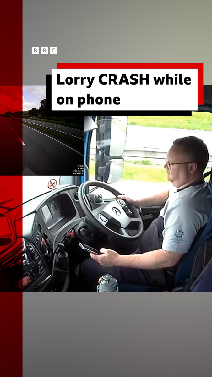 Watch as a lorry driver crashes after being distracted by his phone, almost hitting people standing on a grass verge