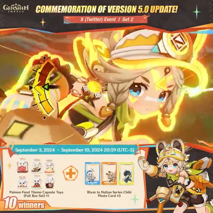 ✨Set 2✨ Commemoration of Version 5.0 Update 🎁Participate for a chance to win official merchandise. How to Participate: ① Follow Genshin Impact ② Retweet this post You can instantly check the event results here>>> #NatlanImpact
