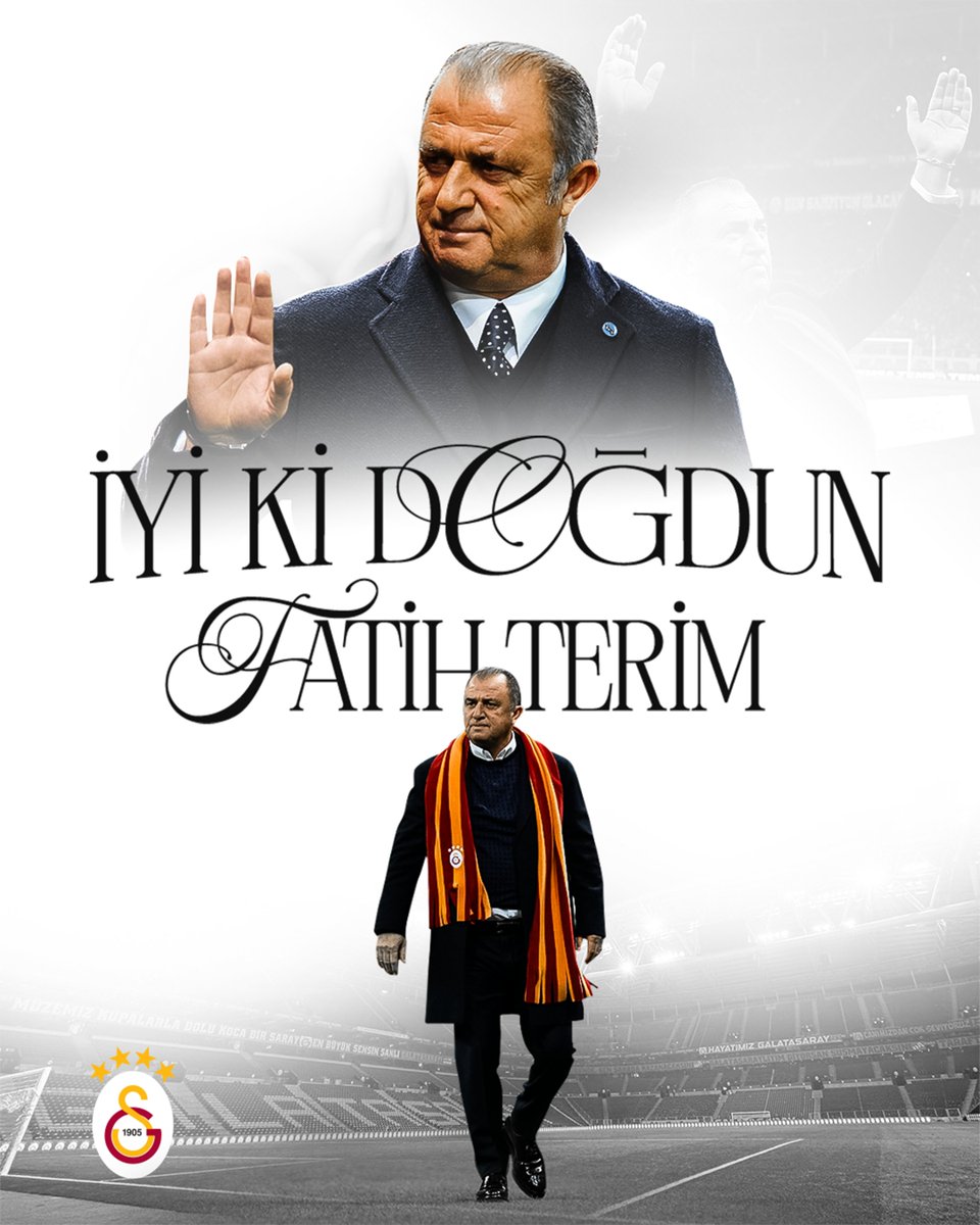 Bugün, Galatasarayımıza futbolcu ve teknik direktör olarak hizmet ederek, sayısız başarılara imza atan, kupalar kaldıran efsanemiz Fatih Terim’in 71. yaş günü! 🎂 👑 Nice mutlu ve sarı kırmızı yıllara İmparator Fatih Terim! 💛❤️