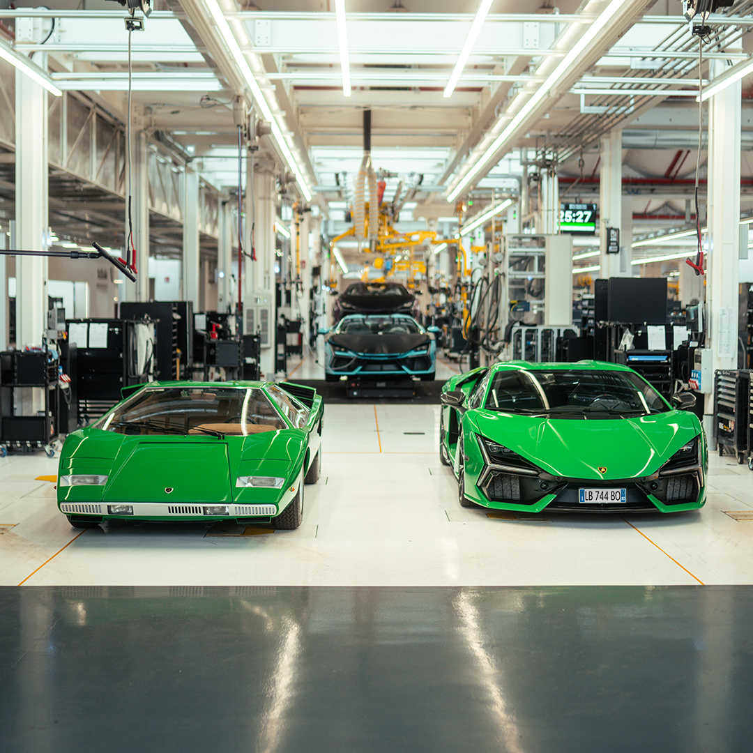 Let's all gather where the legendary Countach was created. We proudly brought together two generations with an unbreakable bond to Lamborghini in Sant'Agata: those who spent years working on Countach and those who are now shaping the future with Revuelto. #Lamborghini