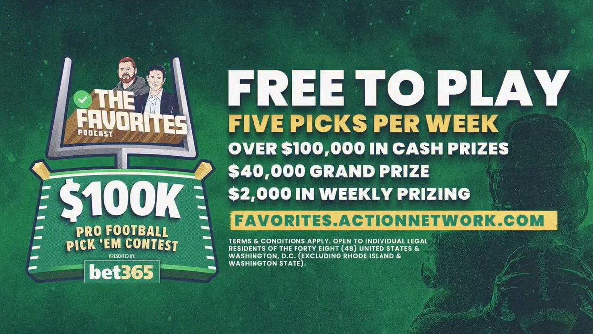 .The Favorites Podcast $100K Pro Football Pick ’Em Contest is back 🚨 ▪️ $40K grand prize ▪️ $2K in weekly prizes ▪️ FREE to play Sign up here ⤵️