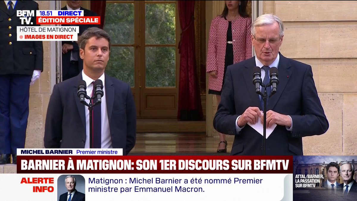 🇫🇷 FLASH - "Il faut respecter les gens d’en bas", a lâché Michel Barnier pour ses premiers mots en tant que Premier ministre. (BFMTV)