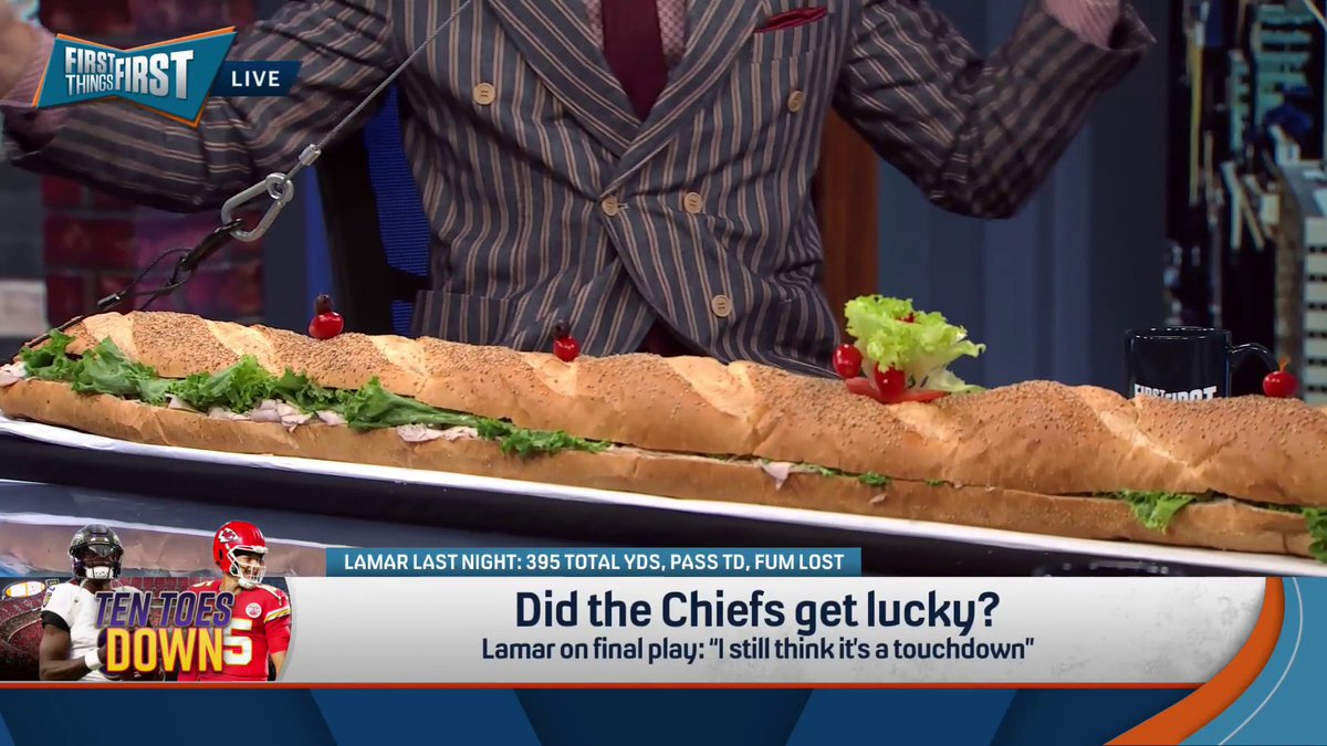 .Chris Broussard was ready to celebrate a Ravens win with a 6-foot sandwich and custom purple Jordans but nick wright did it for him anyways 😅🤣