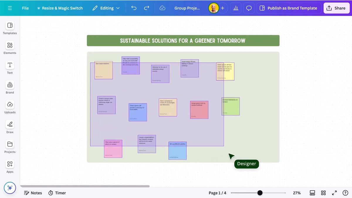 Canva lets you sort sticky notes by name, color, or topic making it easier to manage student group work or class collaboration sessions! Here's how 👇
