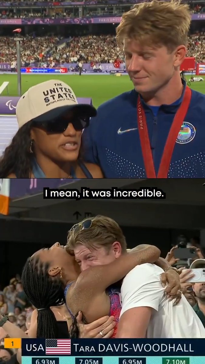 "WE DID IT!" Pure joy from gold medal power couple Hunter Woodhall and Tara Davis-Woodhall. 🙌 #ParisParalympics