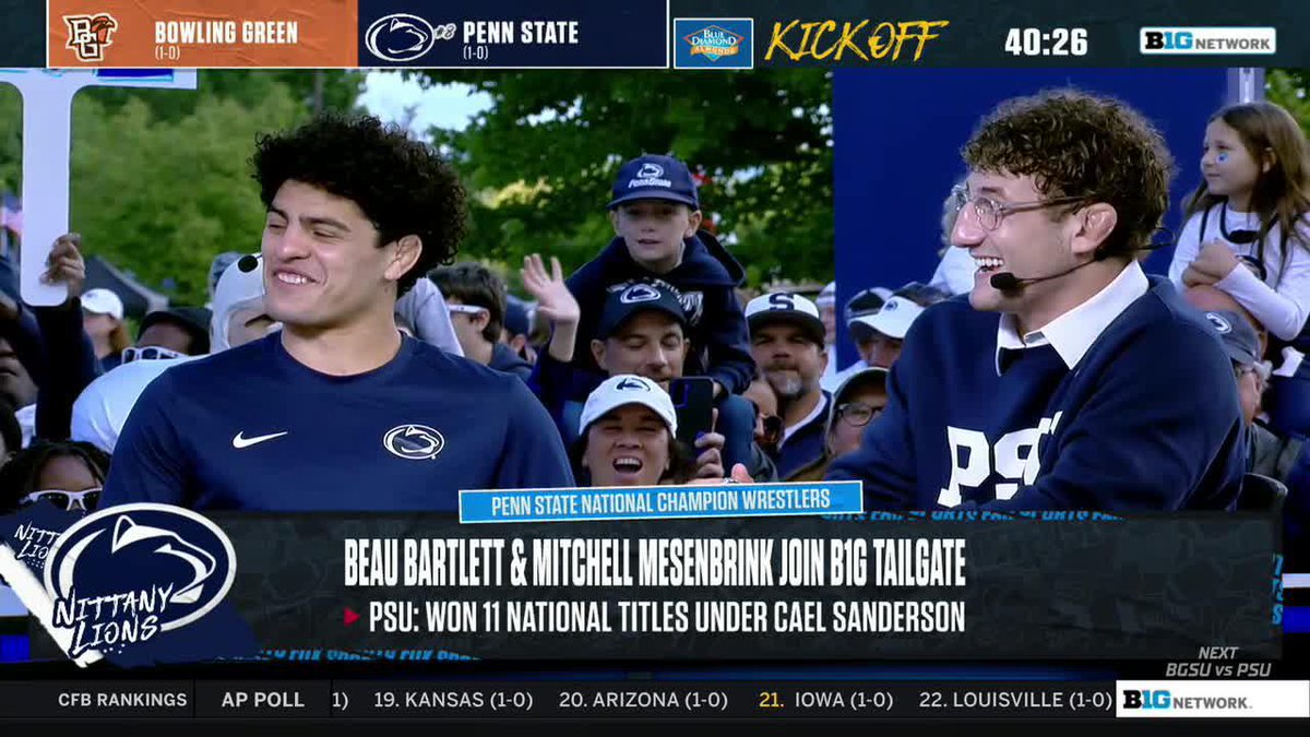 "He's good at Fortnite!" Mitchell Mesenbrink and Beau Bartlett surprised the Big Ten Network 𝘛𝘢𝘪𝘭𝘨𝘢𝘵𝘦 crew with this fun fact about Cael Sanderson. 😊 #B1GWrestling x Penn State WRESTLING
