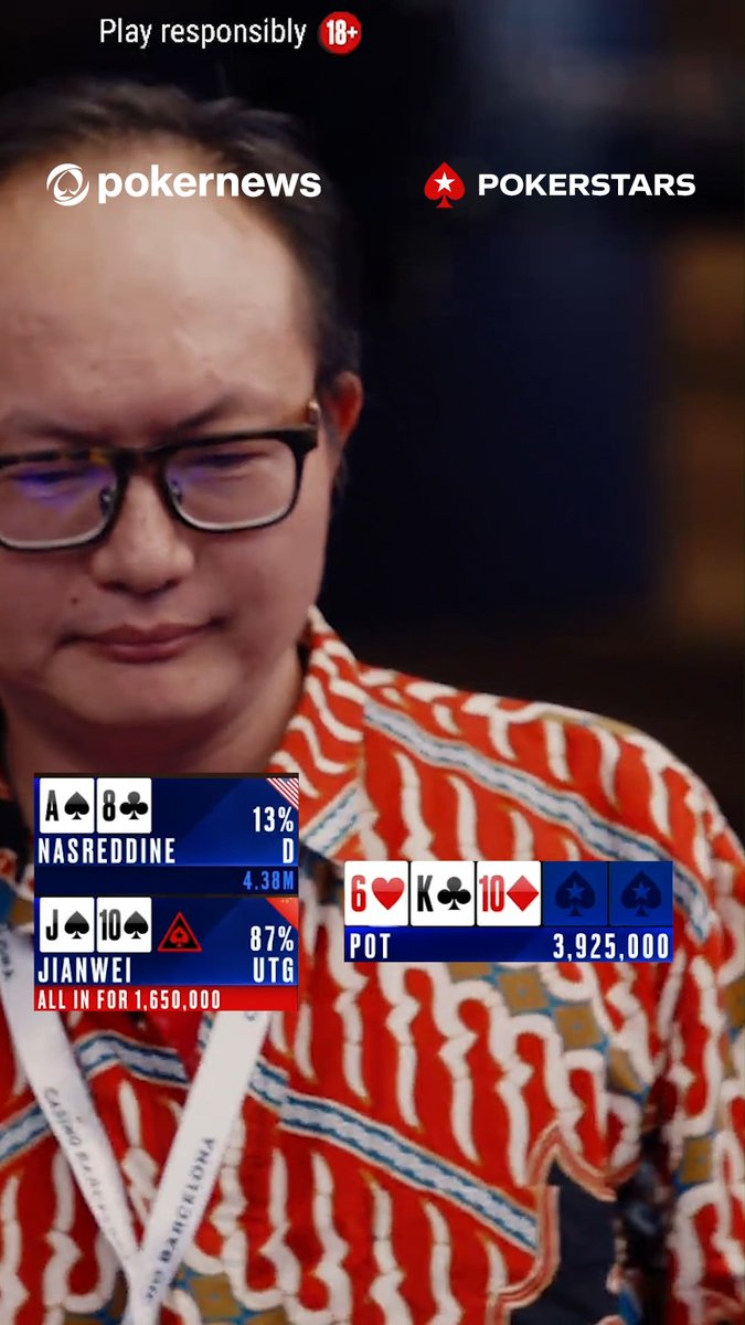 You know what they say about celebrating too early.... 👀 With 8 remaining and €1,512,000 for first in the PokerStars €5,300 EPT Main Event can Jianwei Lin find a way to stay alive!?