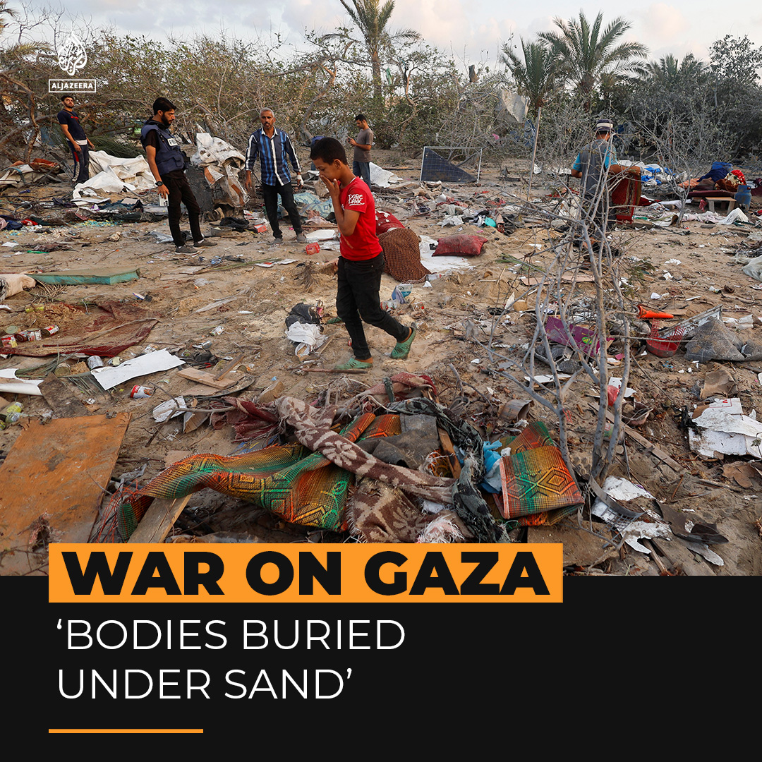 Witnesses say Palestinians were left buried under the sand when Israeli forces fired five missiles into the al-Mawasi displacement camp in Gaza.