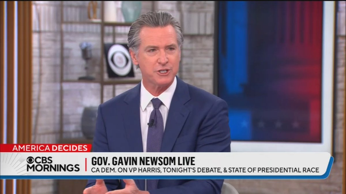 Gov. Gavin Newsom: Kamala Harris is the change candidate. There's fresh air with her. There's stale air with Donald Trump. He's about the past, we're about the future. He's about chaos, we're about competency. It's about daylight vs. darkness. Donald Trump is less interesting. I mean, listen to his rambling speeches. People are walking out of them