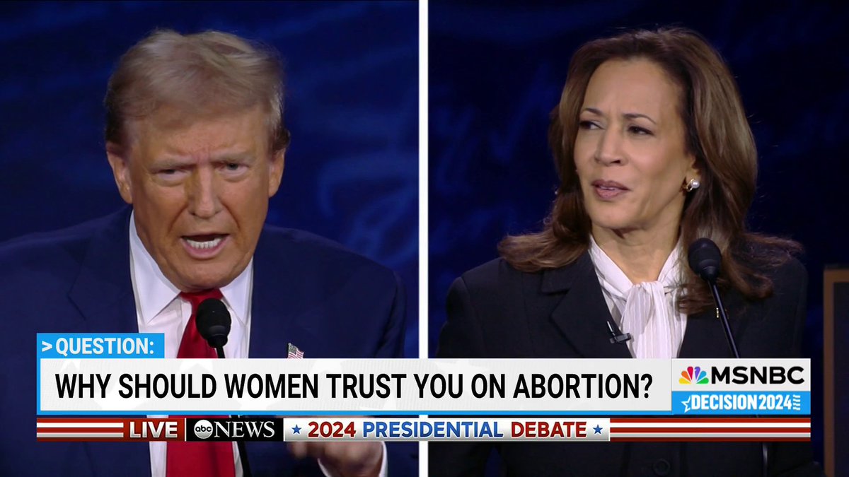 Donald Trump and Kamala Harris respond to a question about why women should trust them on abortion.