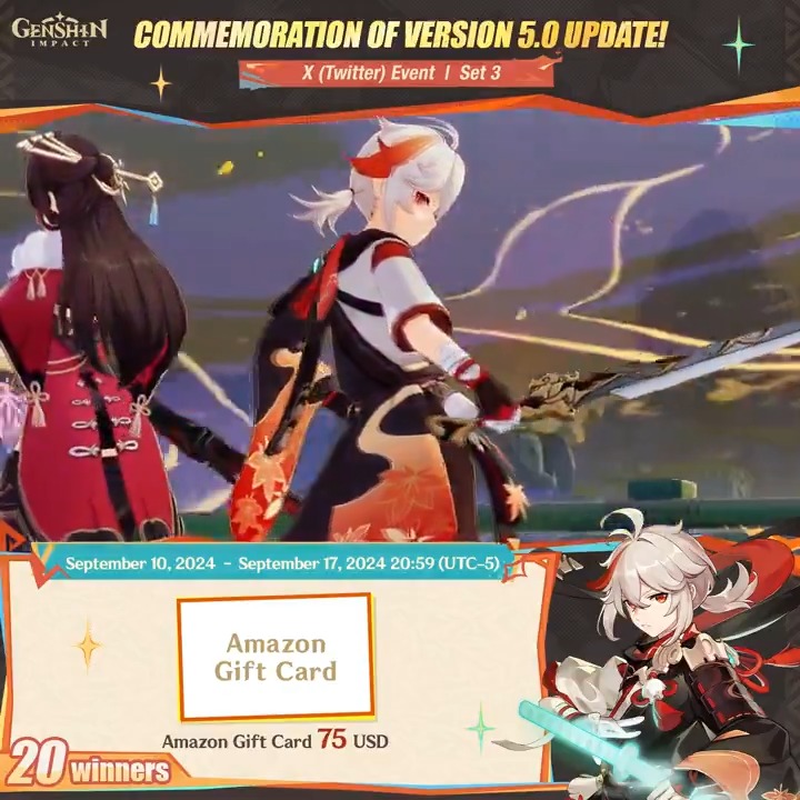 ✨Set 3✨ Commemoration of Version 5.0 Update 🎁Participate in the event for a chance to win a $75 Amazon gift card. How to Participate: ① Follow Genshin Impact ② Retweet this post You can instantly check the event results here>>> #NatlanImpact