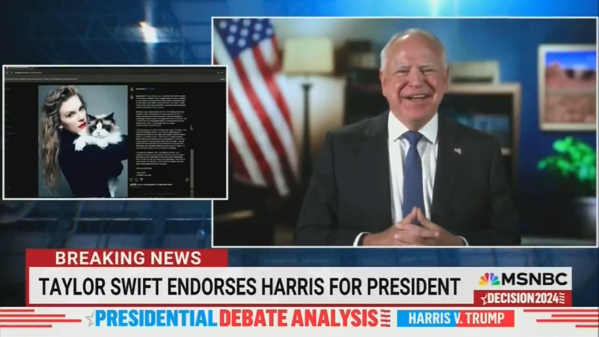 Tim Walz gives his live reaction to Taylor Swift endorsing him and Kamala Harris: “I am incredibly grateful, first of all, to Taylor Swift. I say that also as a cat owner, a fellow cat owner. … This would be the opportunity, Swifties.”