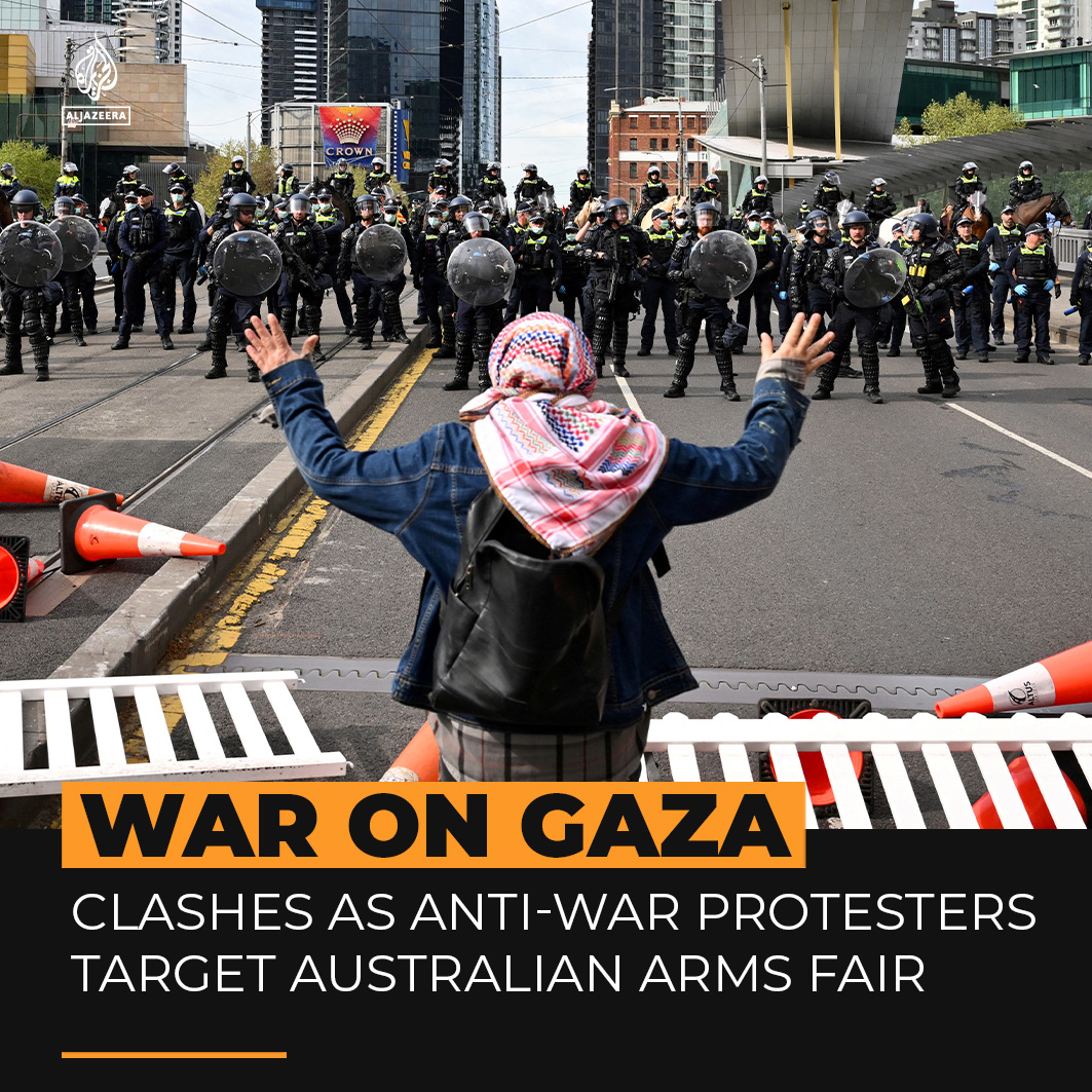 Australian police used stun grenades and pepper spray on anti-war protesters who gathered outside an arms convention in Melbourne to demand a weapons embargo on Israel.