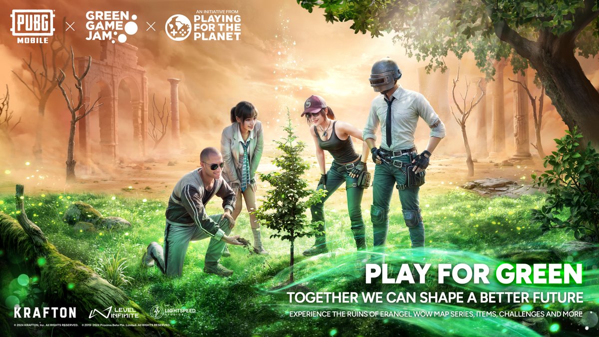 Step into the Ruins of Erangel WOW map series to see the effects of climate change if we don’t take action. Run for Green! Sprint in-game to support conservation projects. Try new in-game events, eco-themed items and more! 📲 #PUBGMPlayForGreen Playing for the Planet Alliance