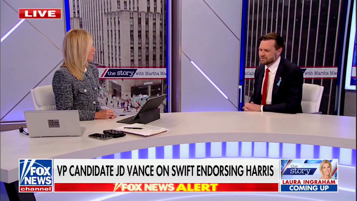 WATCH: JD Vance responds to Taylor Swift endorsing Kamala: "I don't think most Americans, whether they are fans of hers or not, are gonna be influenced by a billionaire celebrity who I think is fundamentally disconnected from the interests and the problems of most Americans. When grocery prices up by 20%, it hurts most Americans. It doesn't hurt Taylor Swift. When housing prices become unaffordable, it doesn't effect Taylor Swift or any other billionaire. It does effect middle class Americans."