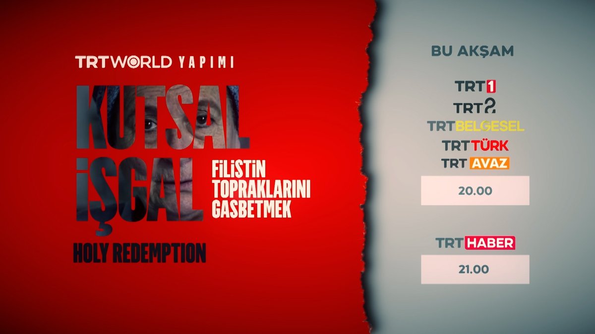 Büyük özveri ve cesaretle hazırlanan bir TRT yapımı 🎥 İşgalci Yahudi yerleşimcilerin Filistinlilere karşı gerçekleştirdikleri vahşeti, tanıkların ve faillerin gözünden insanlığa duyuran “Kutsal İşgal (Holy Redemption) Filistin Topraklarını Gasbetmek” belgeseli, bu akşam 20.00’de ortak yayınla TRT 1, TRT 2, TRT Belgesel, TRT TÜRK TRT AVAZ’da; 21.00’de TRT HABER’de. #HolyRedemption #TRTWorld