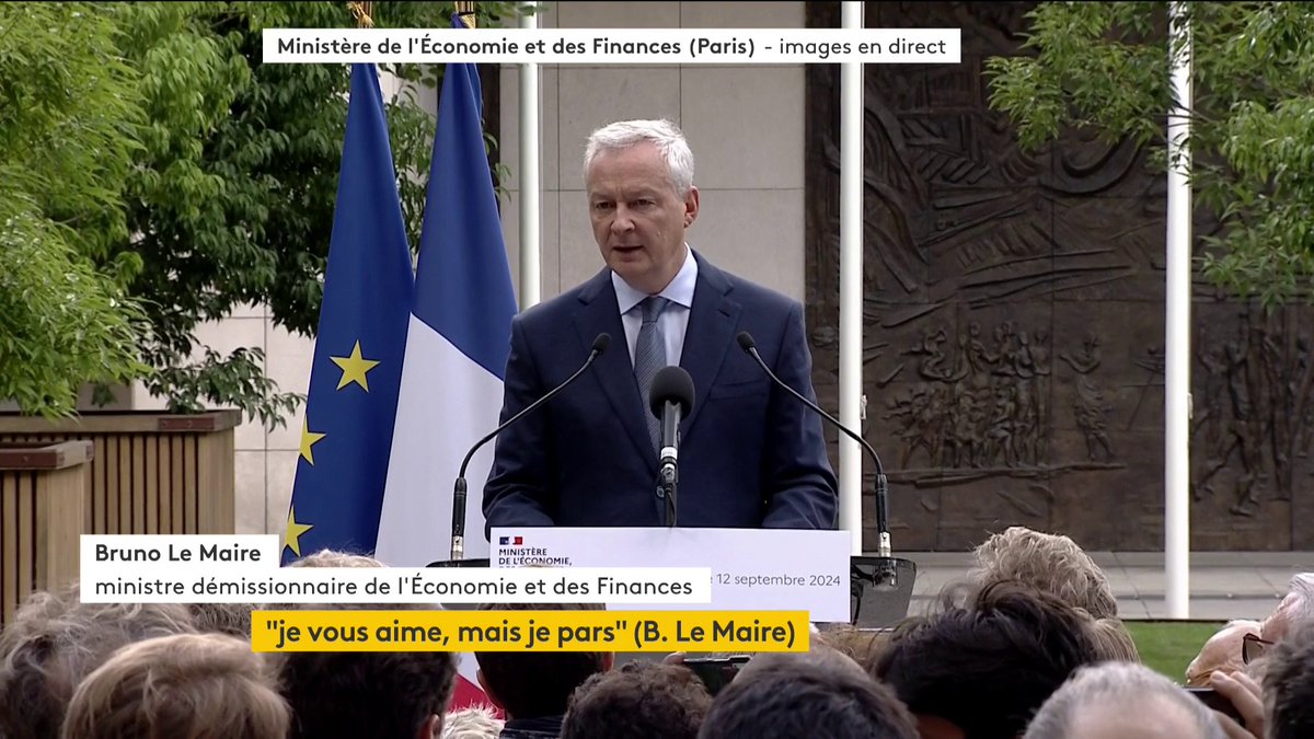 🔴 🗣 - "Le réveil sera douloureux pour la France". Le ministre démissionnaire de l'Économie, Bruno Le Maire, dresse son bilan après 7 ans passés à Bercy, dans un contexte de déficit public estimé à plus de 5 % pour 2024.